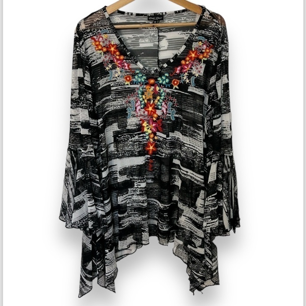 Dor Dor Couture Mesh Women’s Top Size 3X Tunic Swim Cover Up Floral Embroidered